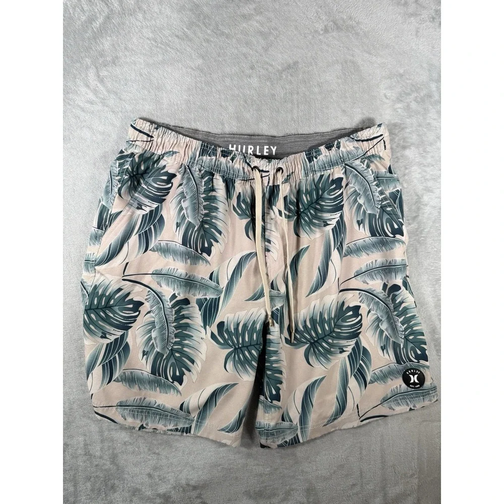 Hurley Board Shorts Mens 2XL Beige Green Floral‎ Lined Swimwear